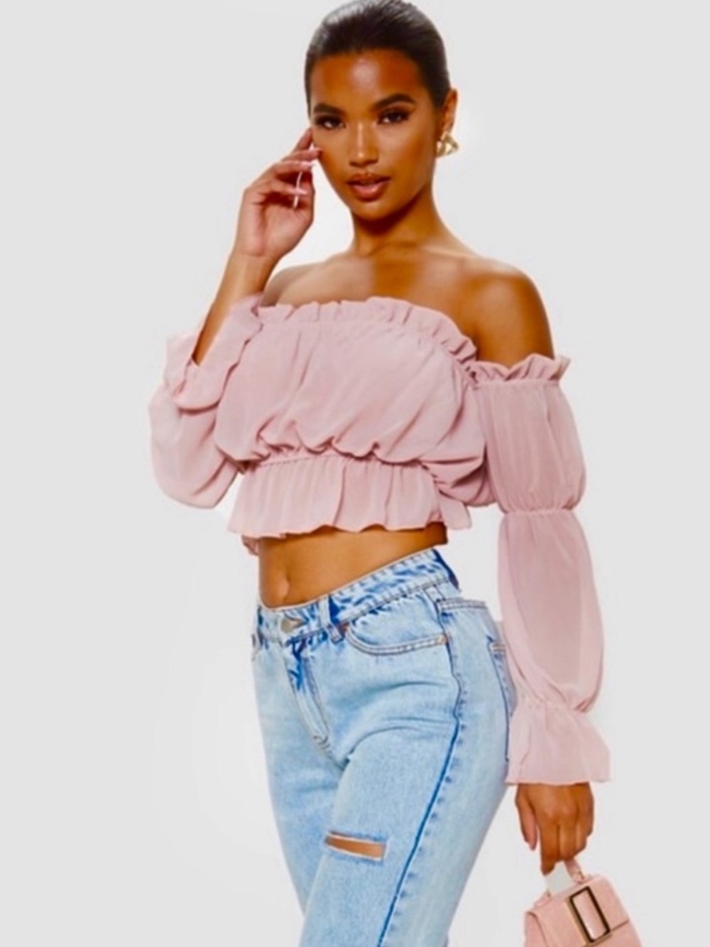 NWOT PTL Dusty Mauve Crop Bardot Top